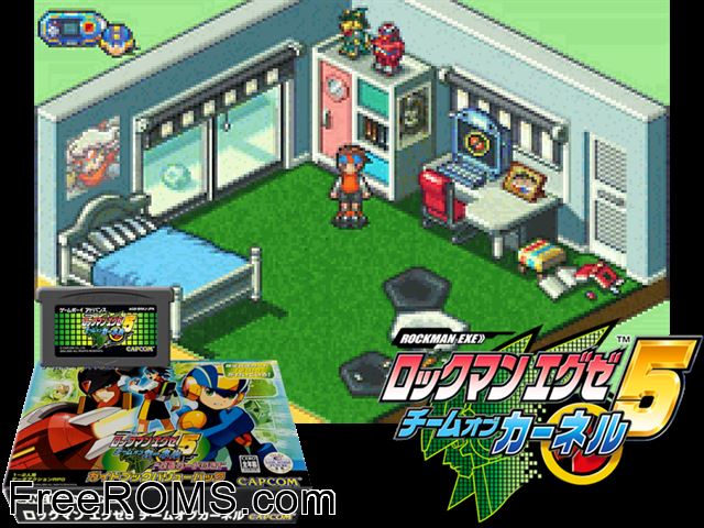 Rockman Exe 5 - Team Of Colonel (Japan) Gameboy Advance game showing 3D box cover and gameplay screenshot