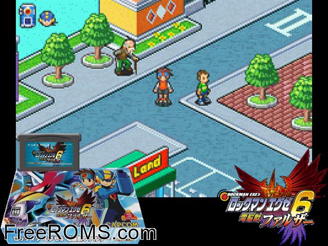 Rockman Exe 6 - Dennoujuu Faltzer (Japan) Gameboy Advance game showing 3D box cover and gameplay screenshot