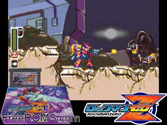 Rockman Zero (Japan) Gameboy Advance game showing 3D box cover and gameplay screenshot