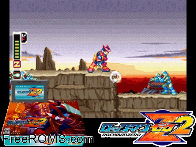 Rockman Zero 2 (Japan) Gameboy Advance game showing 3D box cover and gameplay screenshot