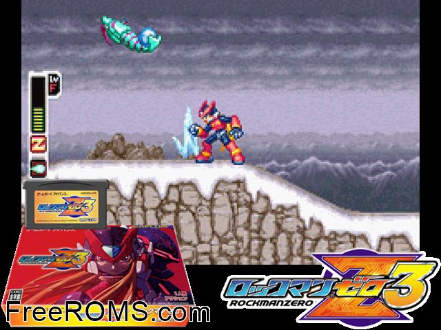 Rockman Zero 3 (Japan) Gameboy Advance game showing 3D box cover and gameplay screenshot