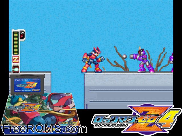 Rockman Zero 4 (Japan) Gameboy Advance game showing 3D box cover and gameplay screenshot