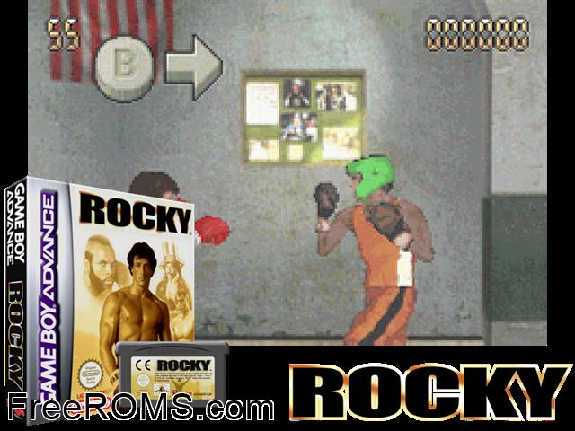 Rocky Gameboy Advance game showing 3D box cover and gameplay screenshot