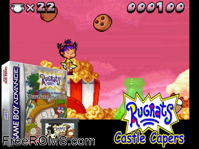Rugrats - Travesuras En El Castillo (Spain) Gameboy Advance game showing 3D box cover and gameplay screenshot