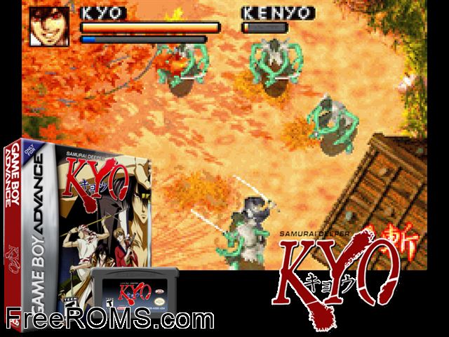 Samurai Deeper Kyo Gameboy Advance game showing 3D box cover and gameplay screenshot
