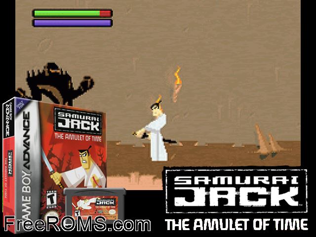 Samurai Jack - The Amulet Of Time Gameboy Advance game showing 3D box cover and gameplay screenshot