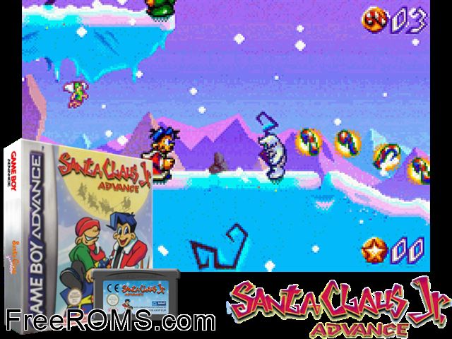 Santa Claus Jr. Advance Gameboy Advance game showing 3D box cover and gameplay screenshot