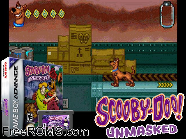Scooby-Doo! Unmasked Gameboy Advance game showing 3D box cover and gameplay screenshot