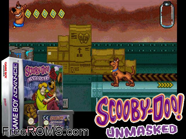 Scooby-Doo! Unmasked (Ita-Spa) Gameboy Advance game showing 3D box cover and gameplay screenshot
