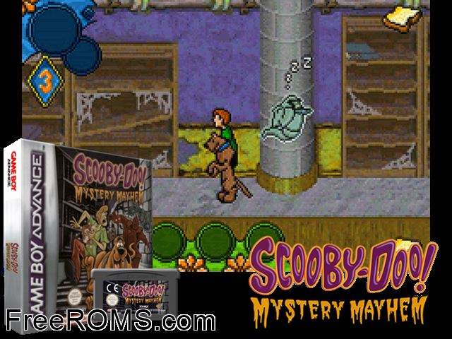 Scooby-Doo! - Mystery Mayhem Gameboy Advance game showing 3D box cover and gameplay screenshot