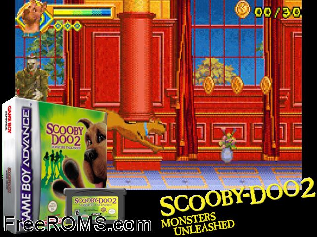 Scooby-Doo 2 - Monsters Unleashed Gameboy Advance game showing 3D box cover and gameplay screenshot
