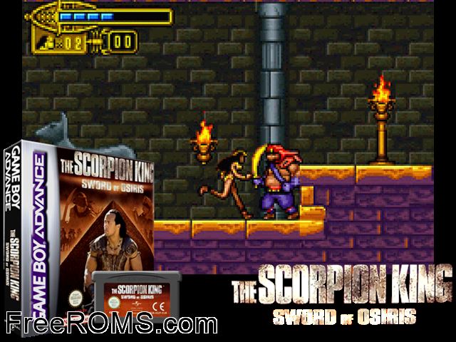 Scorpion King, The - Sword Of Osiris Gameboy Advance game showing 3D box cover and gameplay screenshot