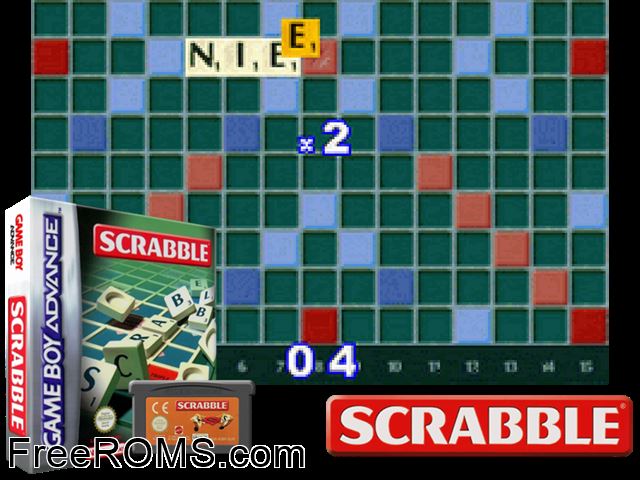 Scrabble Gameboy Advance game showing 3D box cover and gameplay screenshot