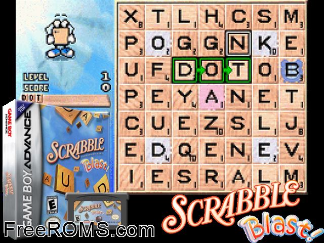 Scrabble Blast! Gameboy Advance game showing 3D box cover and gameplay screenshot