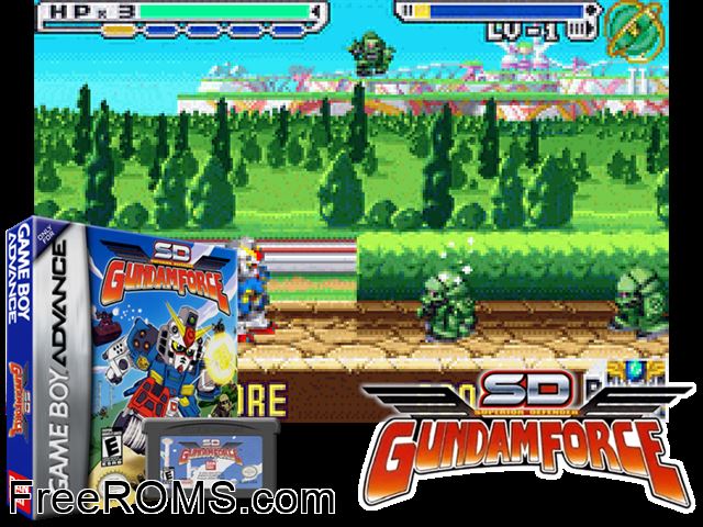 Sd Gundam Force Gameboy Advance game showing 3D box cover and gameplay screenshot