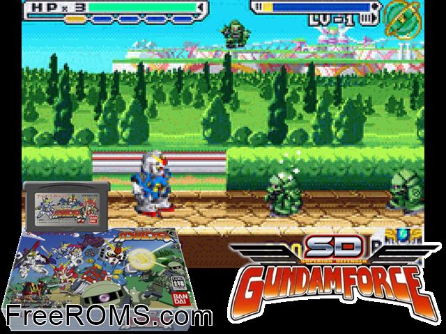 Sd Gundam Force (Japan) Gameboy Advance game showing 3D box cover and gameplay screenshot