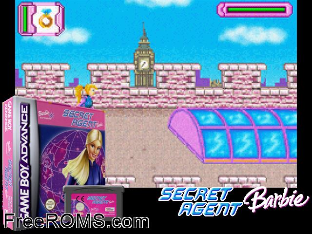 Secret Agent Barbie - Royal Jewels Mission Gameboy Advance game showing 3D box cover and gameplay screenshot