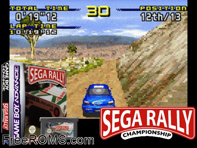 Sega Rally Championship Gameboy Advance game showing 3D box cover and gameplay screenshot