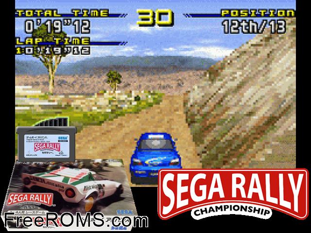 Sega Rally Championship (Japan) Gameboy Advance game showing 3D box cover and gameplay screenshot