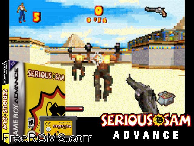 Serious Sam Advance Gameboy Advance game showing 3D box cover and gameplay screenshot