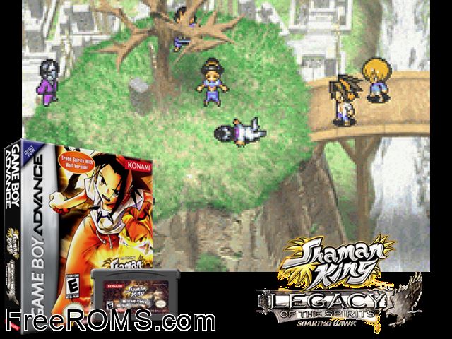 Shaman King - Legacy Of The Spirits - Soaring Hawk Gameboy Advance game showing 3D box cover and gameplay screenshot
