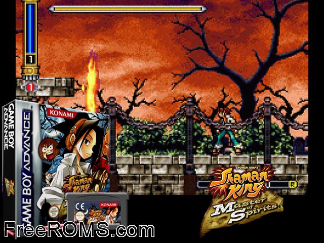 Shaman King - Master Of Spirits Gameboy Advance game showing 3D box cover and gameplay screenshot