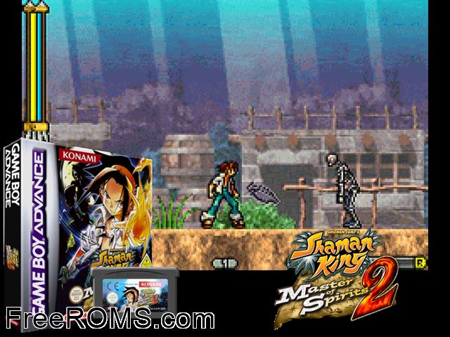 Shaman King - Master Of Spirits 2 Gameboy Advance game showing 3D box cover and gameplay screenshot