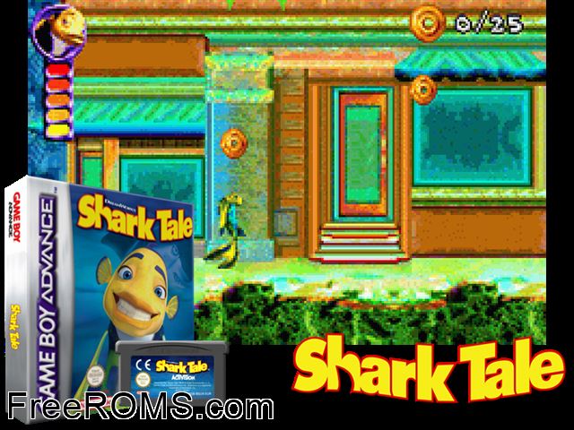 Shark Tale Gameboy Advance game showing 3D box cover and gameplay screenshot