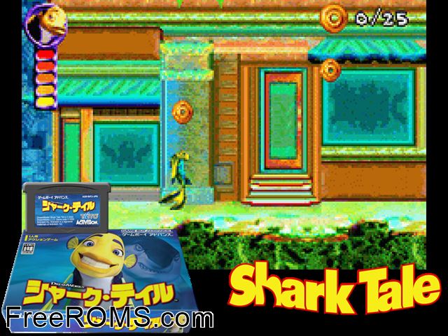 Shark Tale (Japan) Gameboy Advance game showing 3D box cover and gameplay screenshot