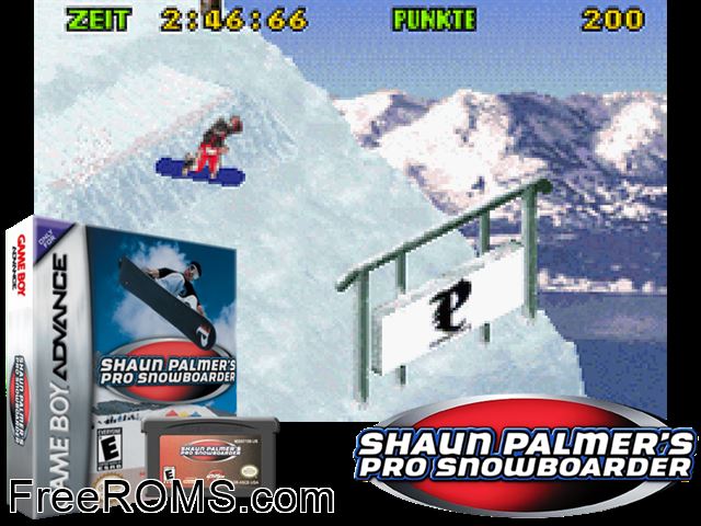 Shaun Palmer's Pro Snowboarder Gameboy Advance game showing 3D box cover and gameplay screenshot
