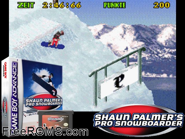 Shaun Palmer's Pro Snowboarder (Germany) Gameboy Advance game showing 3D box cover and gameplay screenshot