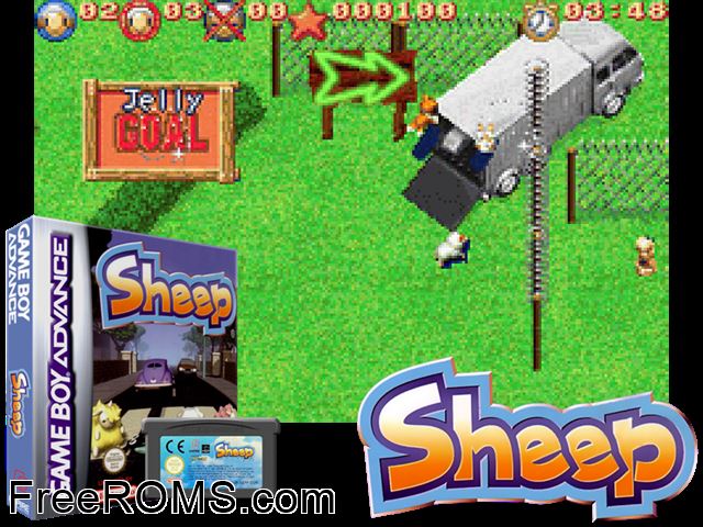 Sheep Gameboy Advance game showing 3D box cover and gameplay screenshot