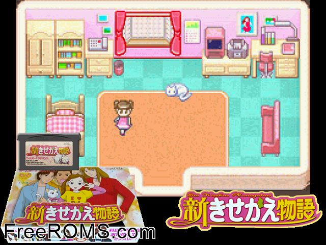 Shin Kisekae Monogatari (Japan) Gameboy Advance game showing 3D box cover and gameplay screenshot