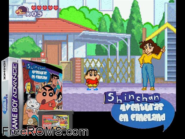 Shinchan - Aventuras En Cineland (Spain) Gameboy Advance game showing 3D box cover and gameplay screenshot