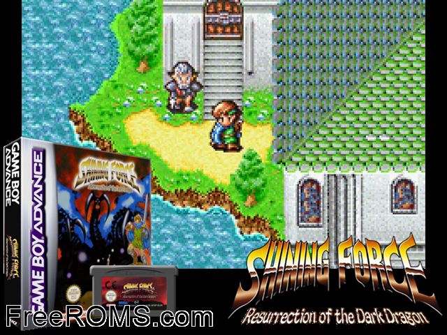 Shining Force Resurrection Of The Dark Dragon Gameboy Advance game showing 3D box cover and gameplay screenshot