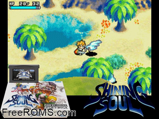 Shining Soul (Japan) Gameboy Advance game showing 3D box cover and gameplay screenshot