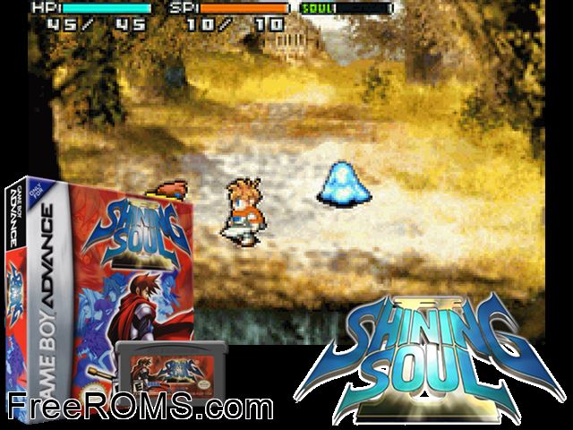 Shining Soul II Gameboy Advance game showing 3D box cover and gameplay screenshot