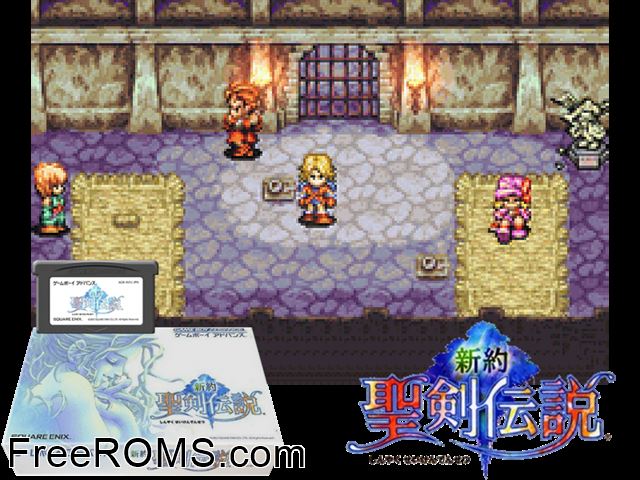 Shinyaku Seiken Densetsu (Japan) Gameboy Advance game showing 3D box cover and gameplay screenshot