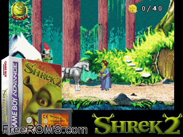 Shrek 2 Gameboy Advance game showing 3D box cover and gameplay screenshot