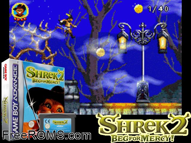 Shrek 2 - Beg For Mercy Gameboy Advance game showing 3D box cover and gameplay screenshot