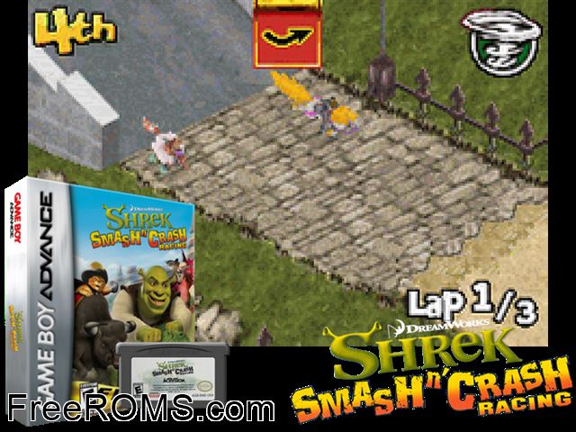 Shrek Smash N' Crash Racing Gameboy Advance game showing 3D box cover and gameplay screenshot