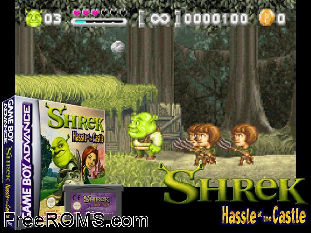 Shrek - Hassle At The Castle Gameboy Advance game showing 3D box cover and gameplay screenshot