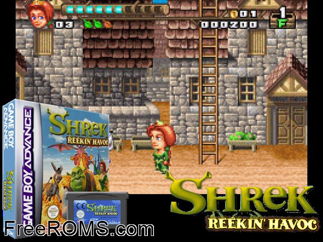 Shrek - Reekin' Havoc Gameboy Advance game showing 3D box cover and gameplay screenshot