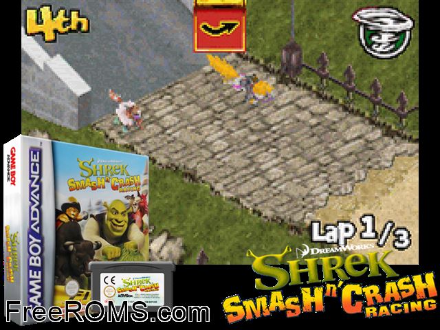 Shrek - Smash N' Crash Racing Gameboy Advance game showing 3D box cover and gameplay screenshot