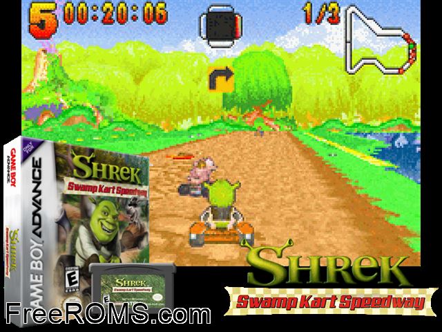 Shrek - Swamp Kart Speedway Gameboy Advance game showing 3D box cover and gameplay screenshot