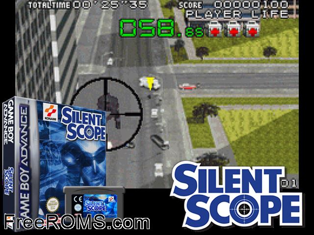 Silent Scope Gameboy Advance game showing 3D box cover and gameplay screenshot