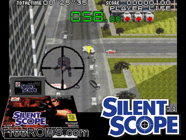 Silent Scope (Japan) Gameboy Advance game showing 3D box cover and gameplay screenshot