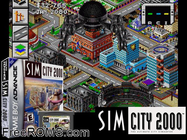 Sim City 2000 Gameboy Advance game showing 3D box cover and gameplay screenshot