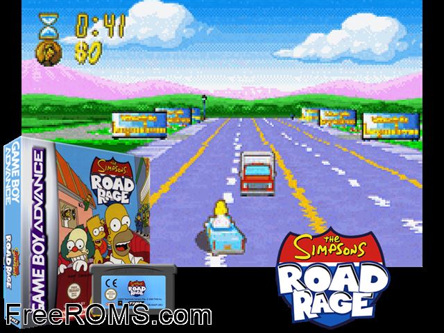 Simpsons, The - Road Rage Gameboy Advance game showing 3D box cover and gameplay screenshot