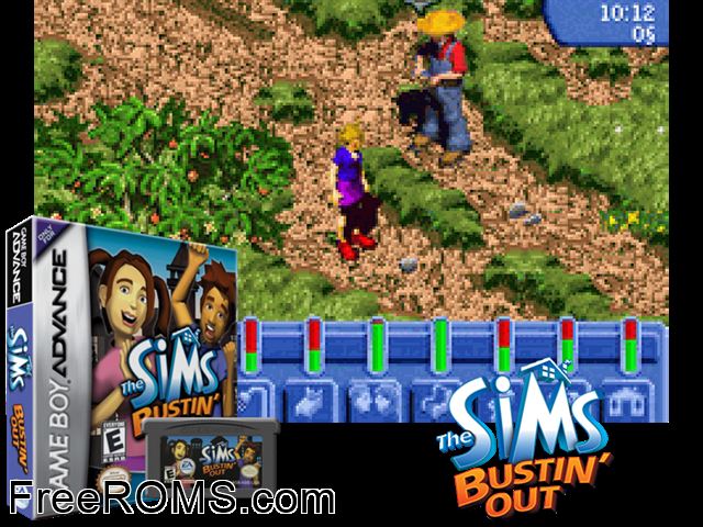 Sims, The - Bustin' Out Gameboy Advance game showing 3D box cover and gameplay screenshot
